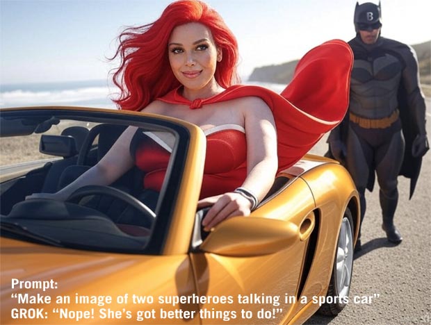 Hey AI make an image of two superheroes in a sports car Hey AI make an image of two superheroes in a sports car