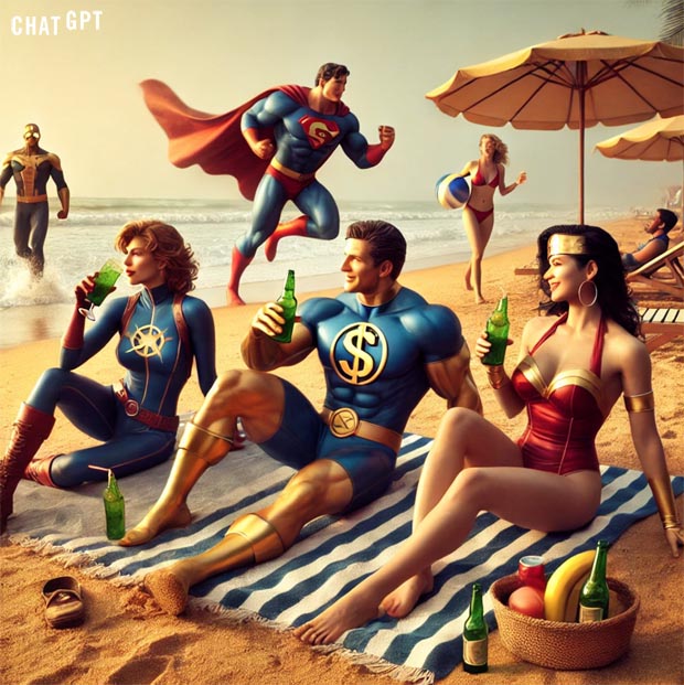Superheroes on the beach on vacation